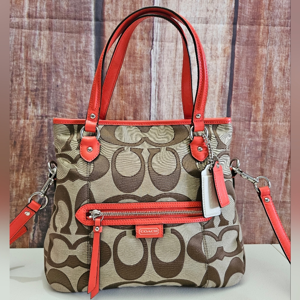 Coach Brown and Red Signature Tote Bag
